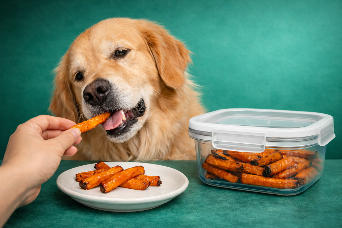 Hand feeding a baked sweet potato fry to a Golden Retriever next to a plate of treats and a glass airtight storage container to keep them fresh.