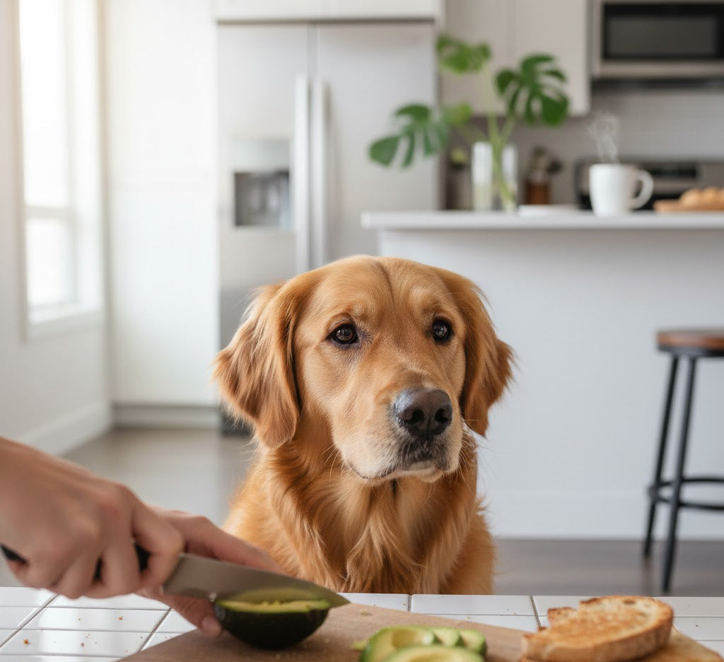 Buddy watching his owner slice an avocado in the kitchen