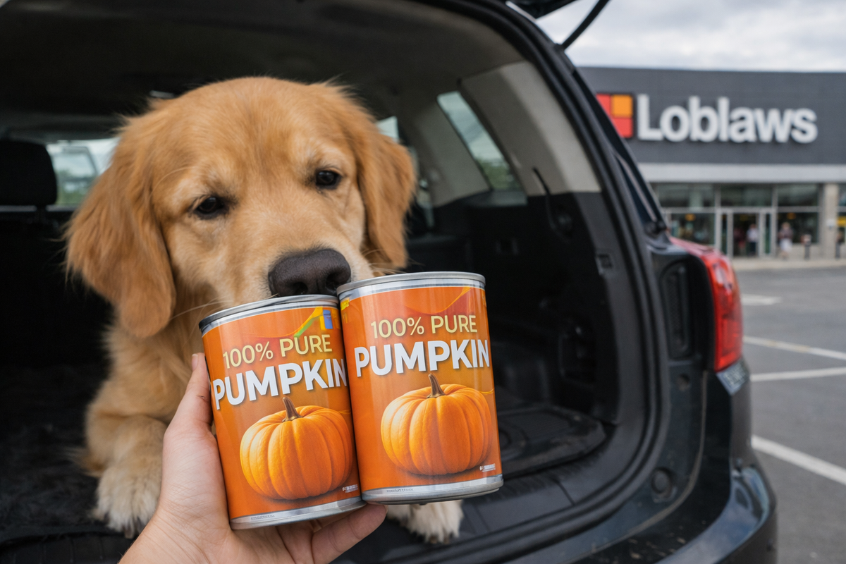 A Golden Retriever (Buddy) in a car trunk at a Toronto Loblaws parking lot, checking canned pumpkin for digestive health.