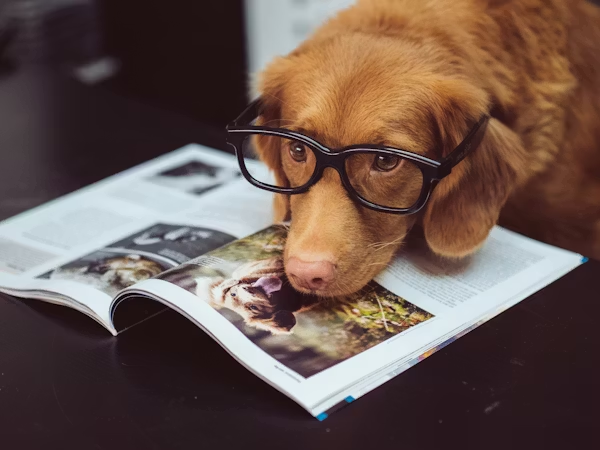 A golden dog wearing glasses looking at a book, representing Buddy learning how to adjust to his new home in Toronto.