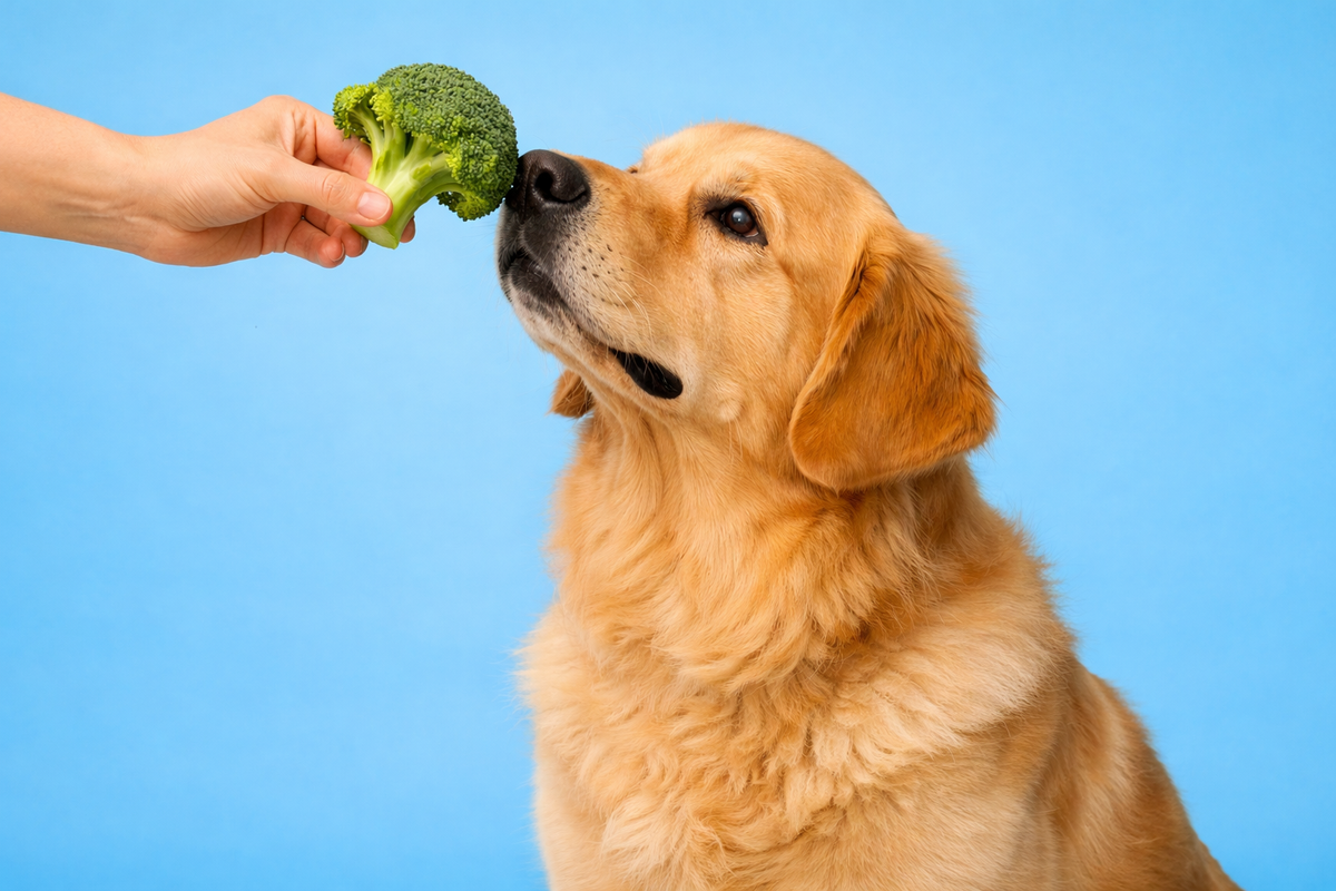 Buddy the Golden Retriever sniffing a piece of raw broccoli and looking unsure, a common reaction for dogs with sensitive stomachs during Toronto spring.