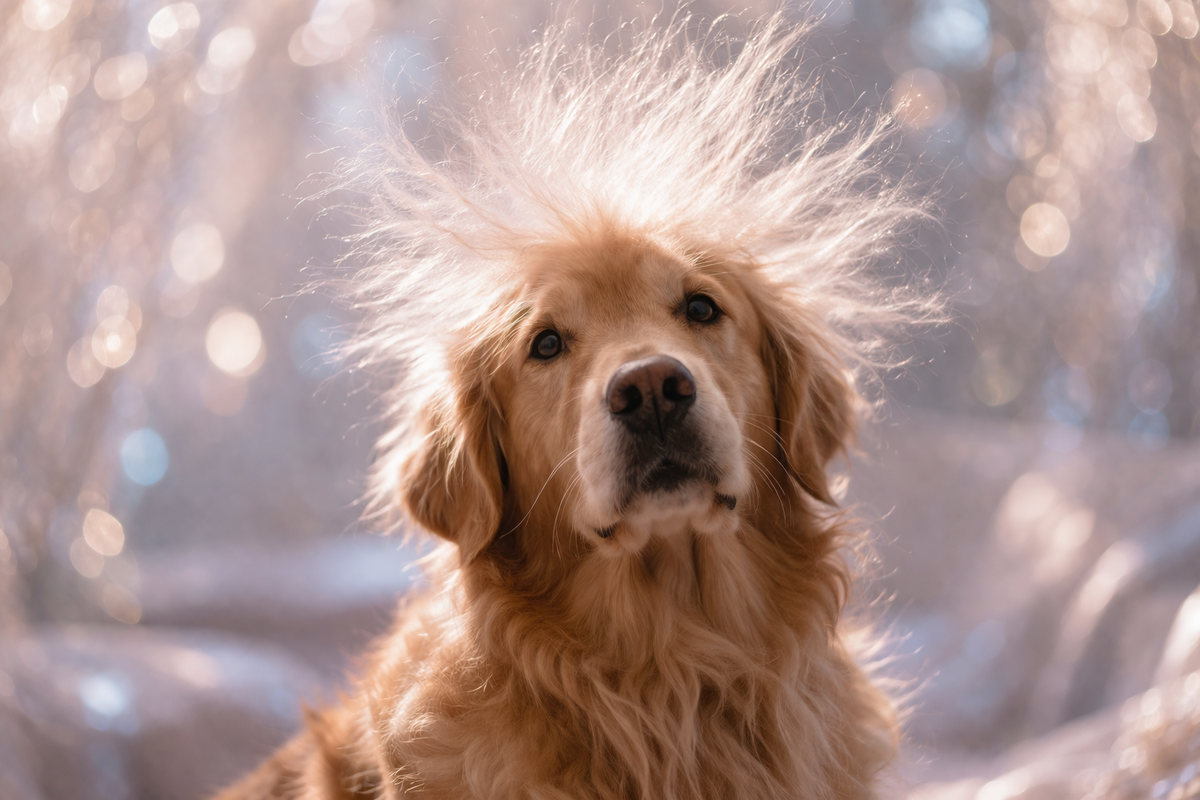 A humorous close-up of a Golden Retriever (Buddy) with his thick head fur completely standing up due to intense static electricity in a dry Toronto home. Cinematic, blurry bokeh background.