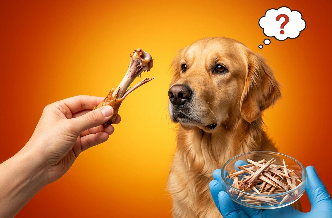 Golden Retriever observing a chicken bone and a veterinary container for a dog safety and hazard awareness guide.