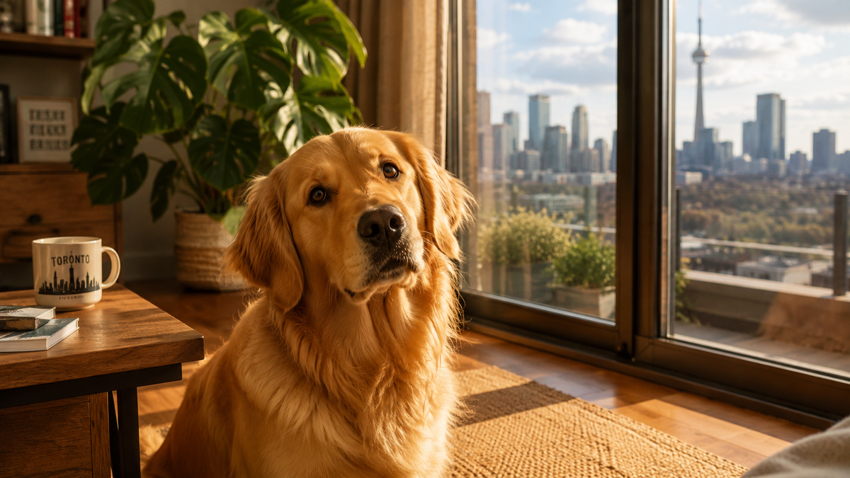 Golden Retriever sitting in a sunlit Toronto apartment looking curious about summer ice cream