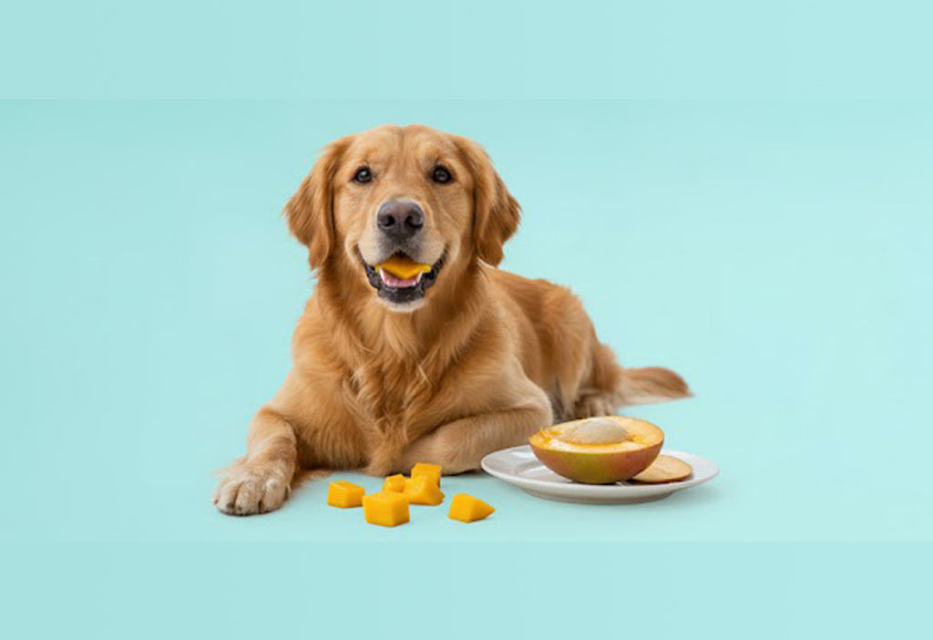 A Golden Retriever enjoying fresh mango cubes on a light teal background, demonstrating safe fruit treats for dogs.