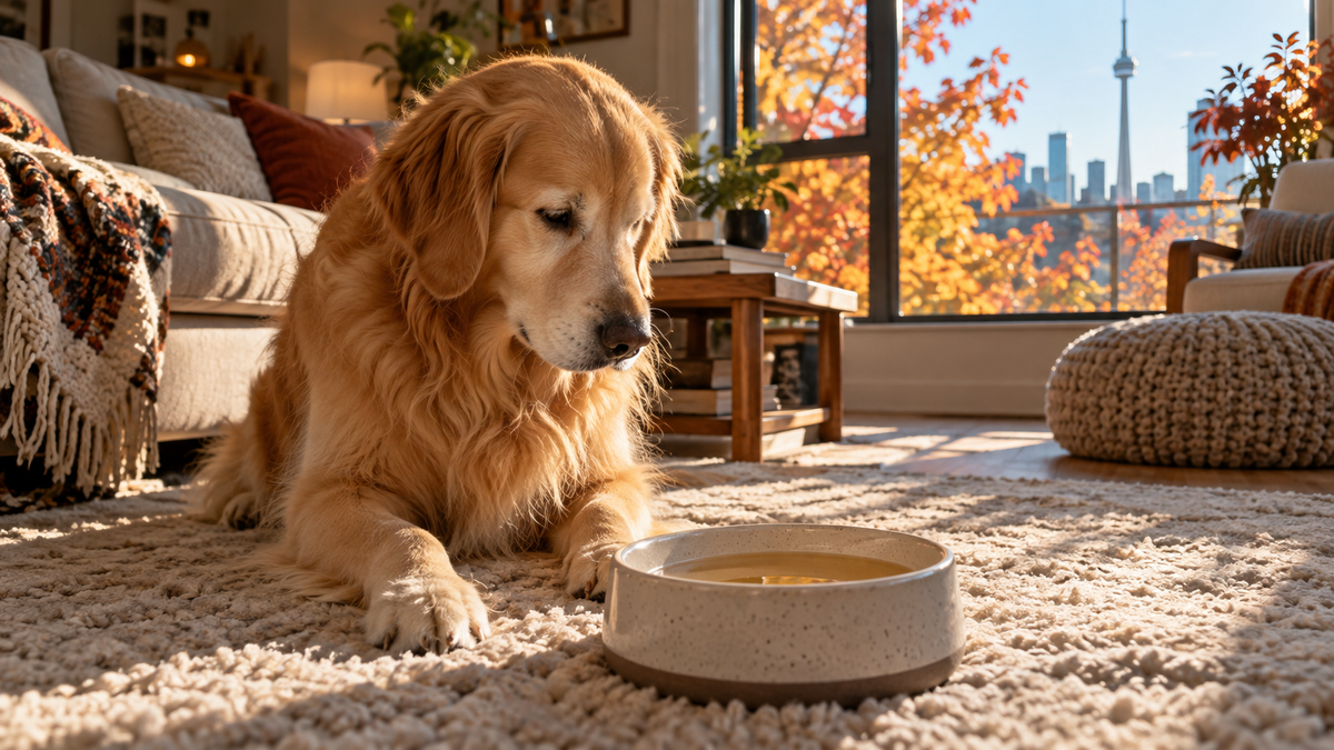 Golden Retriever resting indoors in Toronto near a cozy window with a gentle tummy recovery bowl.