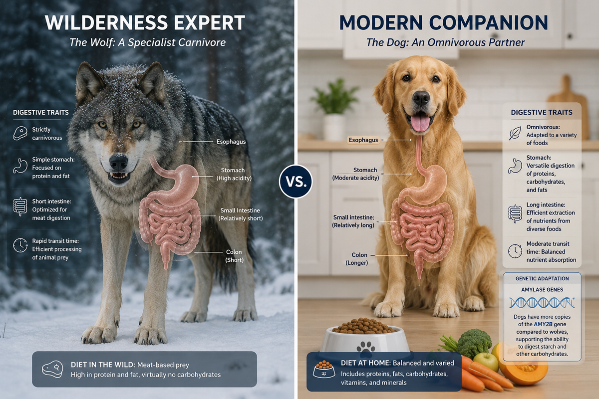 A scientific infographic comparing the strictly carnivorous digestive system of a wild wolf versus the omnivorous, starch-digesting system of a modern Golden Retriever, highlighting AMY2B gene adaptation.