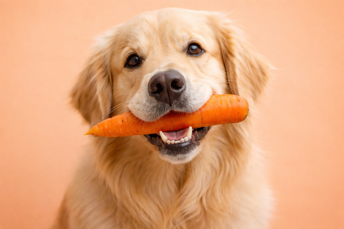 A direct gaze from Buddy the Golden Retriever, holding a whole fresh raw carrot firmly in his mouth, acting as a natural dental chew toy to help with bad breath and teething relief in Toronto.