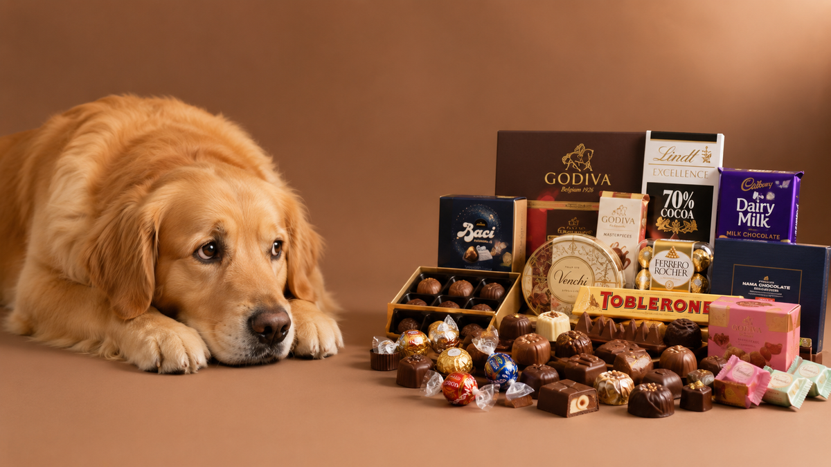 A guilty golden retriever sitting beside a messy holiday table filled with dark chocolate truffles, festive candies, and torn chocolate wrappers in a warm modern kitchen, illustrating the dangers of chocolate toxicity for dogs.
