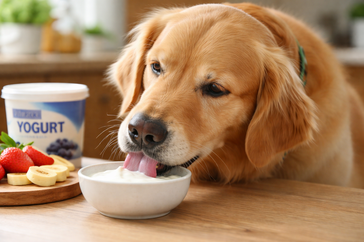 A golden retriever enjoying a bowl of plain white yogurt with fresh strawberries and bananas on a wooden kitchen table, representing healthy treats at PETWHY1001.
