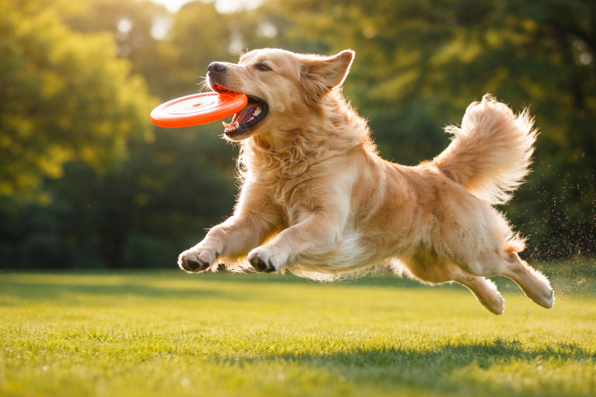 Golden Retriever Buddy catching an orange frisbee in a Toronto park during a sunny 13°C spring day.