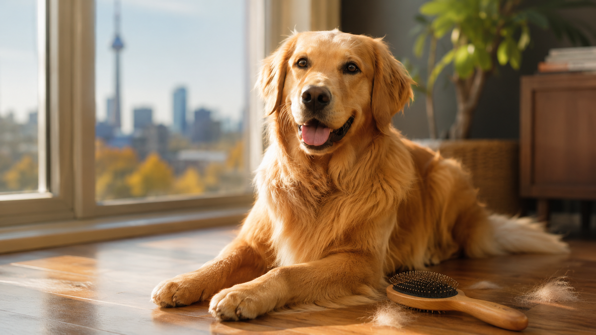 A happy Golden Retriever named Buddy lying on a sunlit wooden floor in Toronto next to a dog grooming brush and shed fur.