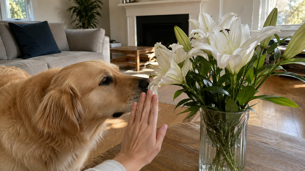 A Golden Retriever sniffing fresh white lilies in a vase on a wooden coffee table while an owner gently holds the dog back.