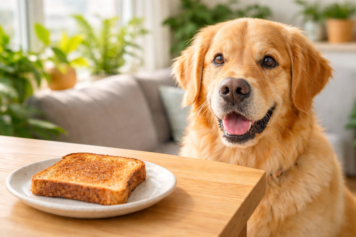 A photorealistic shot of a happy Golden Retriever sitting patiently at a wooden table, staring intently at a slice of toasted whole wheat bread on a white ceramic plate in a sunlit Toronto condo kitchen.
