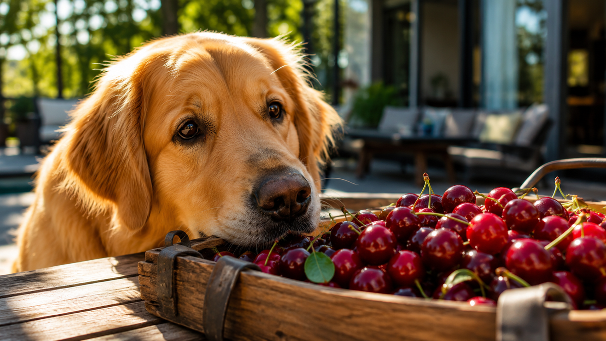 A Golden Retriever named Buddy staring curiously at a basket of freshly picked red cherries on a sunny afternoon, a practical visual for Toronto dog owners wondering if cherries are safe for dogs.