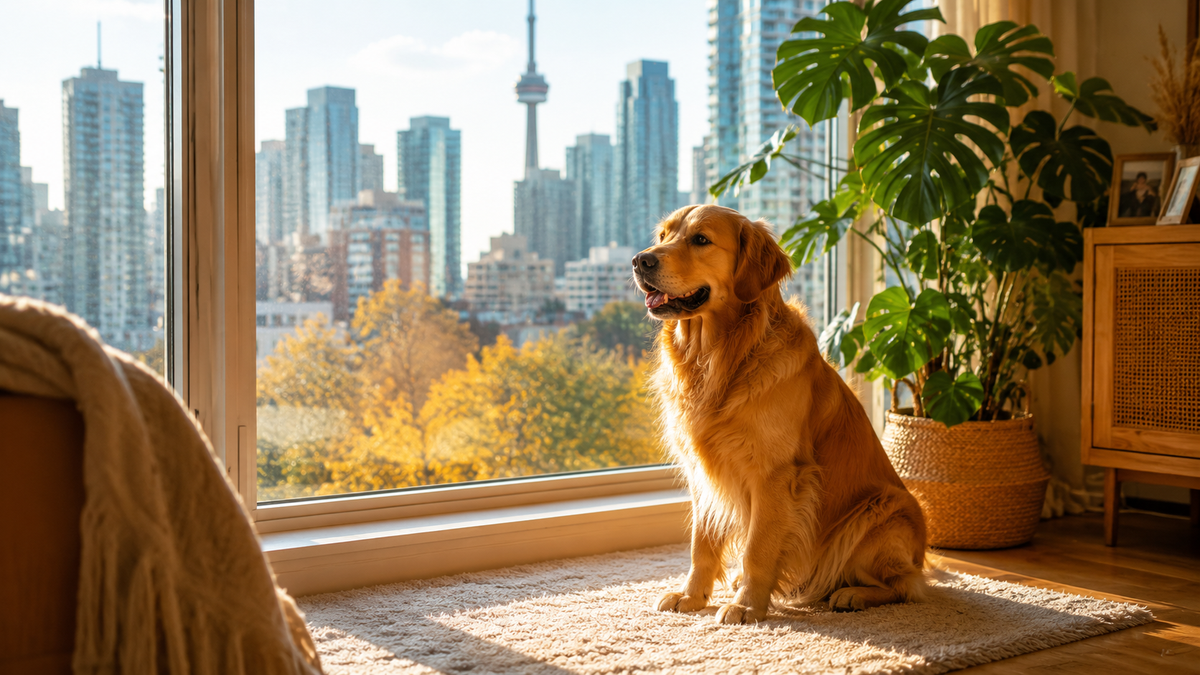 Golden Retriever sitting in a sunlit Toronto apartment window enjoying the morning light