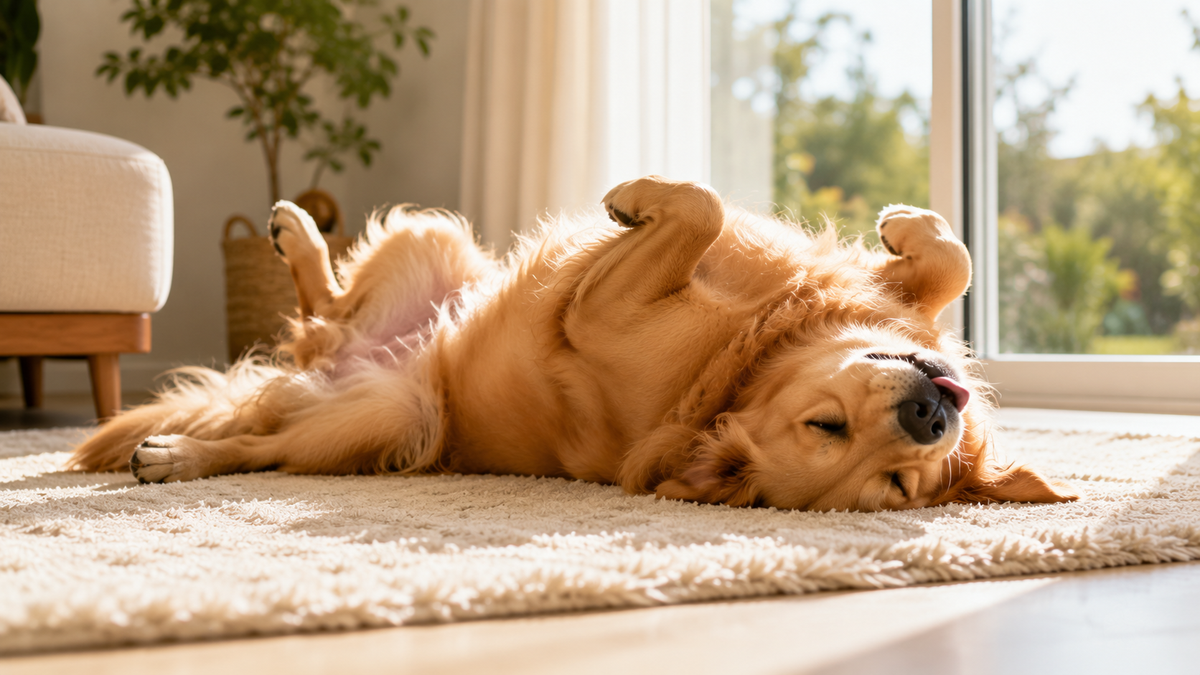 A cute Golden Retriever sleeping upside down on a living room carpet during a sunny afternoon in Toronto, showing a fully recovered dog.