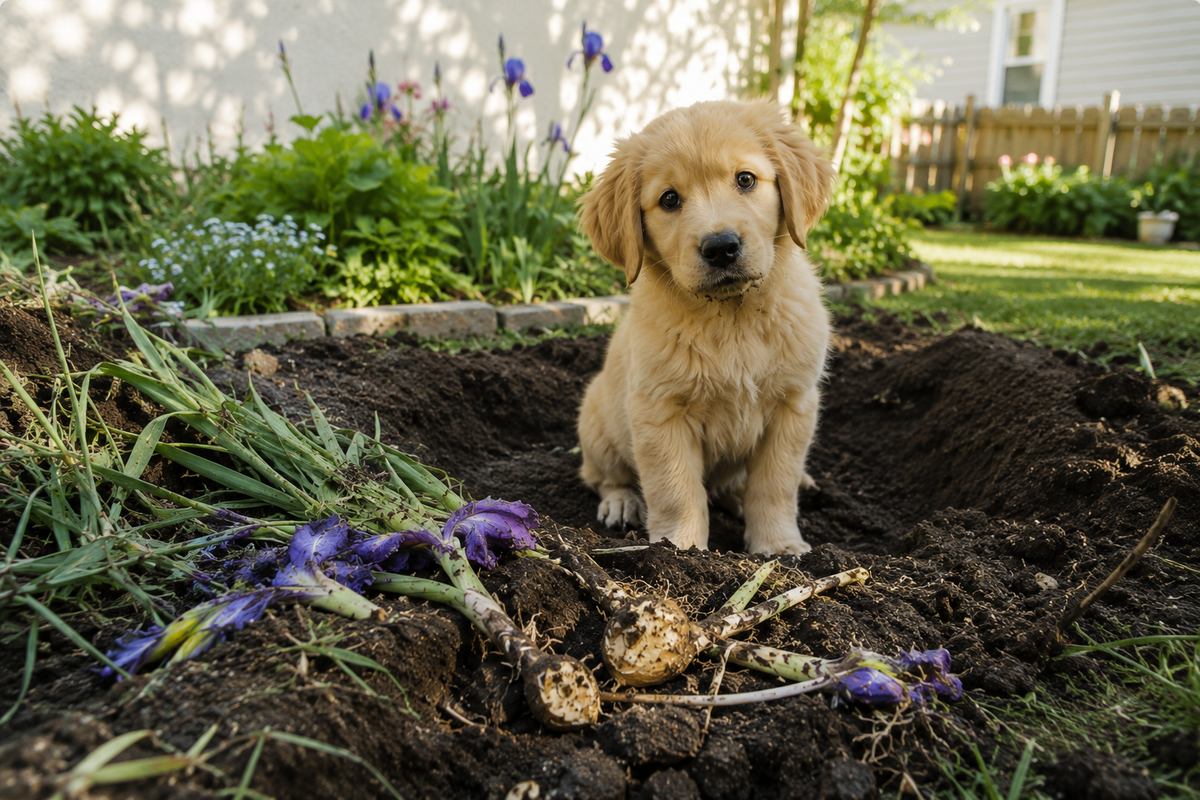 A Golden Retriever puppy sits in a newly dug dirt pit in a backyard, looking at the camera with a guilty expression next to uprooted, toxic purple Iris plants