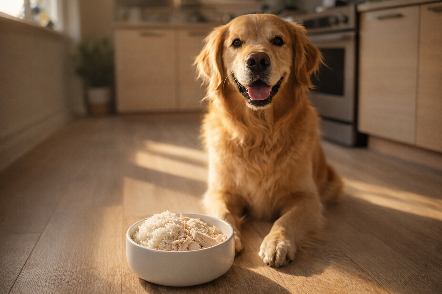 A white ceramic bowl filled with fluffy white rice and shredded boiled chicken breast for a dog's bland diet.