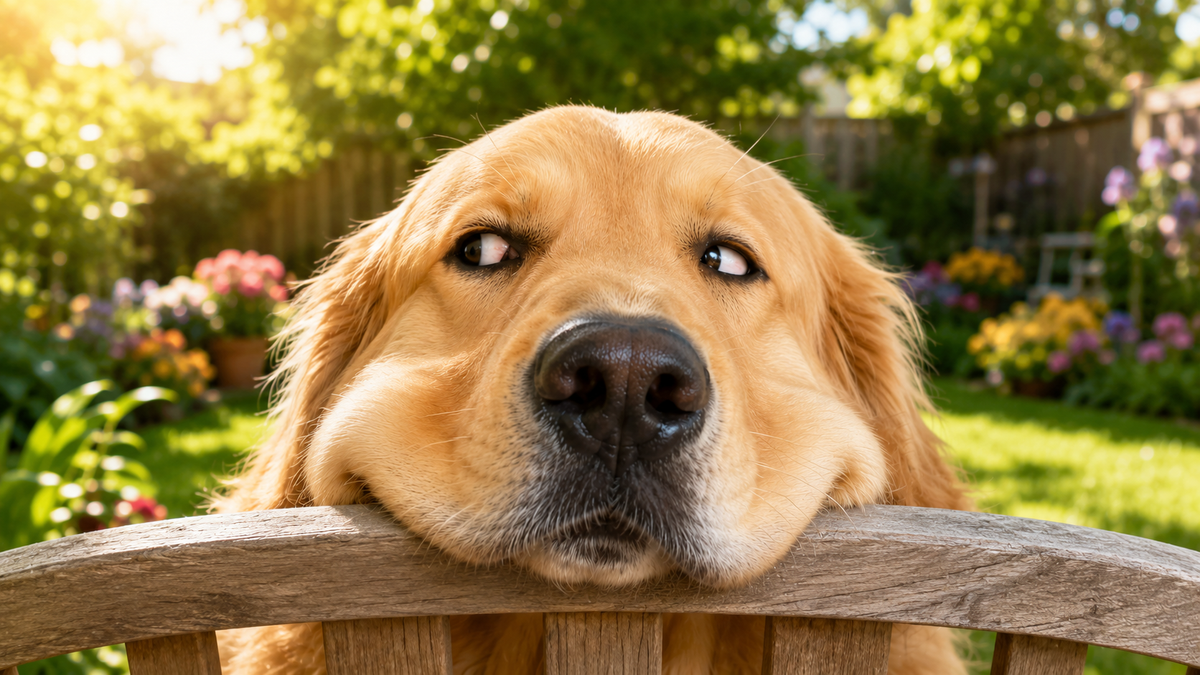 A funny Golden Retriever with a guilty side-eye expression resting its chin on a wooden chair, representing a dog acting normal after vomiting.
